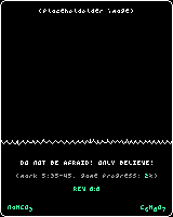 This is a placeholder image for a coming mini-game. Under a pixel-art waterline, we find this text: "DO NOT BE AFRAID! ONLY BELIEVE!" then "(mark 5:35-45. game progress: 2%) Below that: "Rev 8:8", "NaHCO7" and C6H8O7".