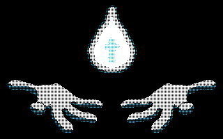 A cross floats in a bright white flame resembling a large drop of water. Below, two large hands (palms upward and illuminated) invite the observer to approach.